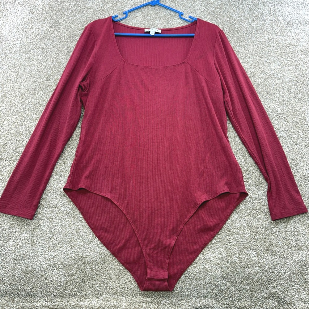 Gilli Womens 1X Burgundy Ribbed Square Neck Long Sleeve Bodysuit Plus Basic